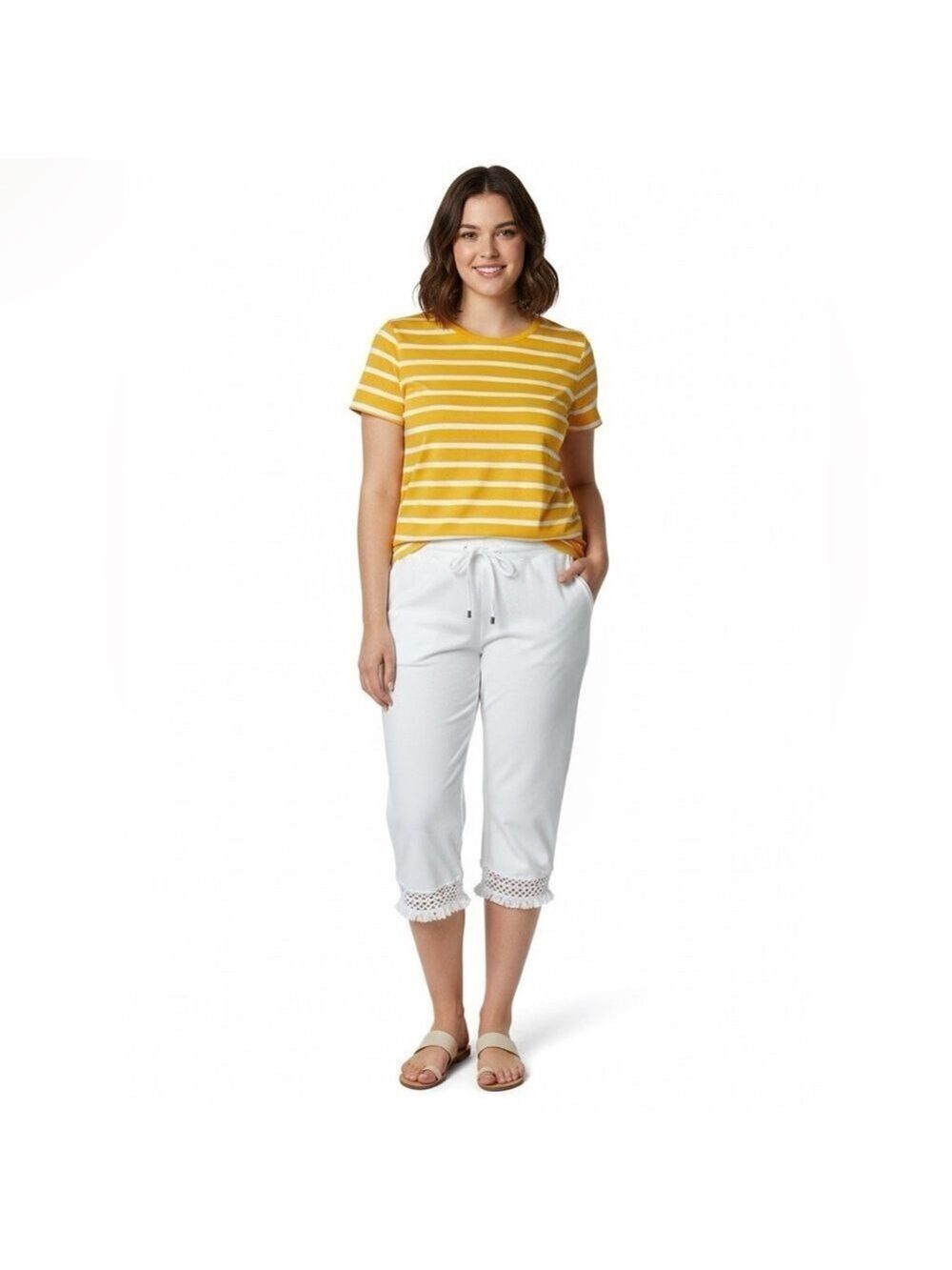 ONQUE Stretch Cotton Knit Straight Leg Pants Crochet Trim Pull On Style US Sz 2X